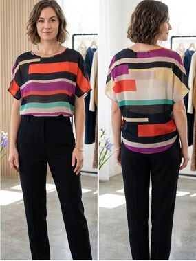 Like New Singwing Multicolor Colorblock Geometric Print Short Sleeve Blouse S/M